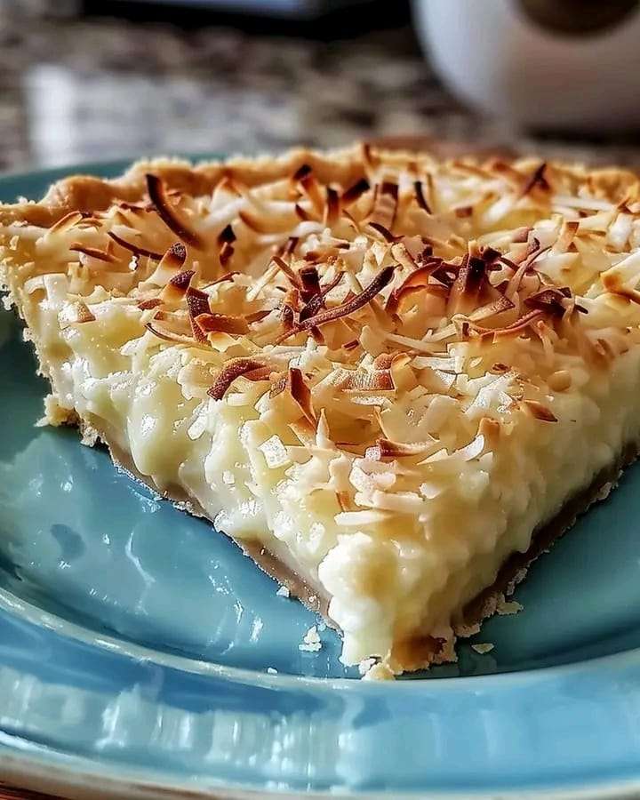 A beautifully baked French Coconut Pie with a golden crust, garnished with a dollop of whipped cream.