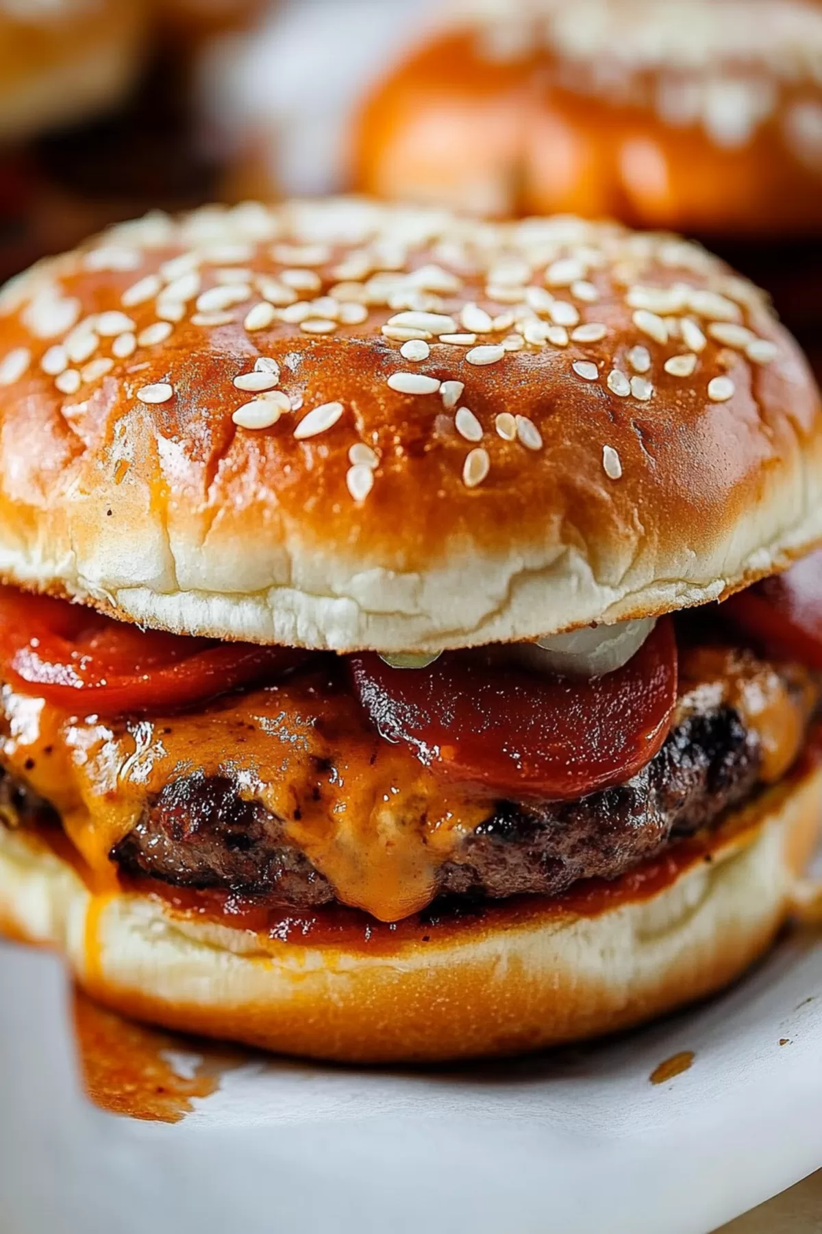 Close-up of a savory burger with layers of cheese, sauce, and pepperoni.