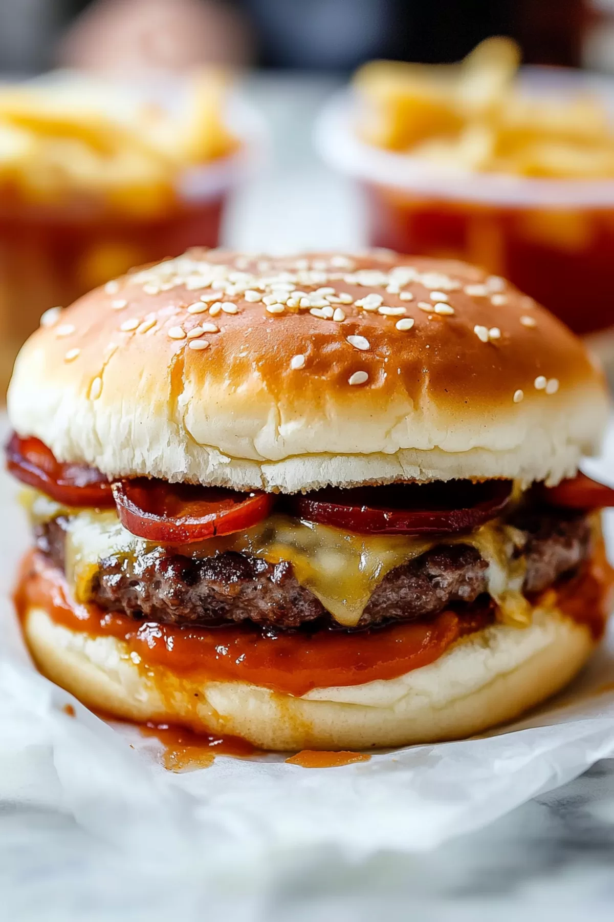 A hearty burger with pizza-inspired toppings, perfect for a flavorful meal.